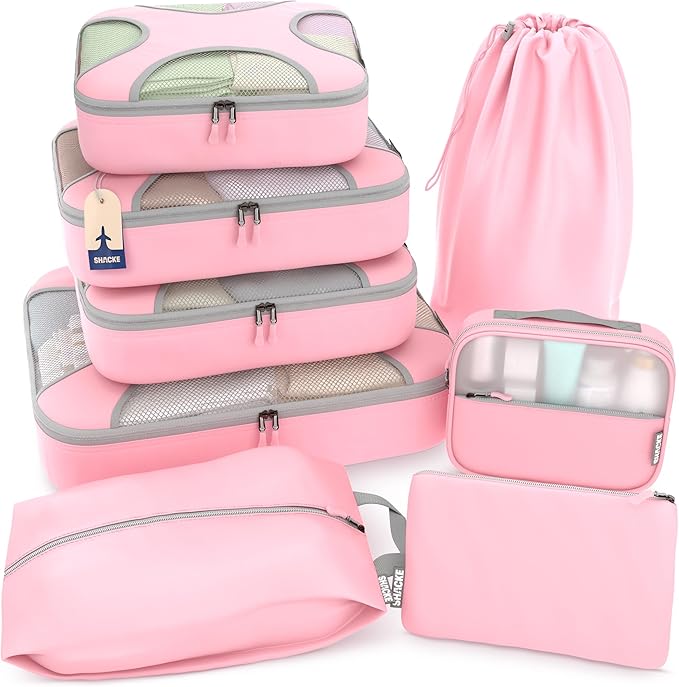 Shacke 8 Set Packing Cubes for Travel – Complete Luggage Organizer Set with Laundry, Shoe, Toiletry & Accessories Bag, Suitcase Travel Organizer (Summer Pink)