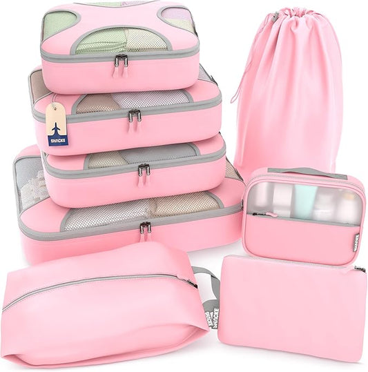 Shacke 8 Set Packing Cubes for Travel – Complete Luggage Organizer Set with Laundry, Shoe, Toiletry & Accessories Bag, Suitcase Travel Organizer (Summer Pink)