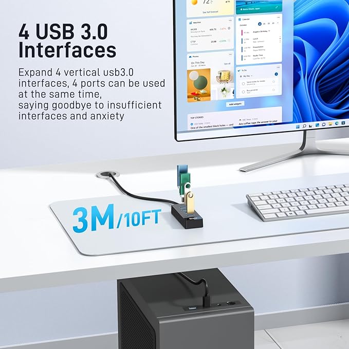 USB 3.0 Hub Long Cable 10FT, 4 Port USB Extension Data Cable USB Dock Extender for Desktop PC Laptop Mac, Windows, 5Gbps
