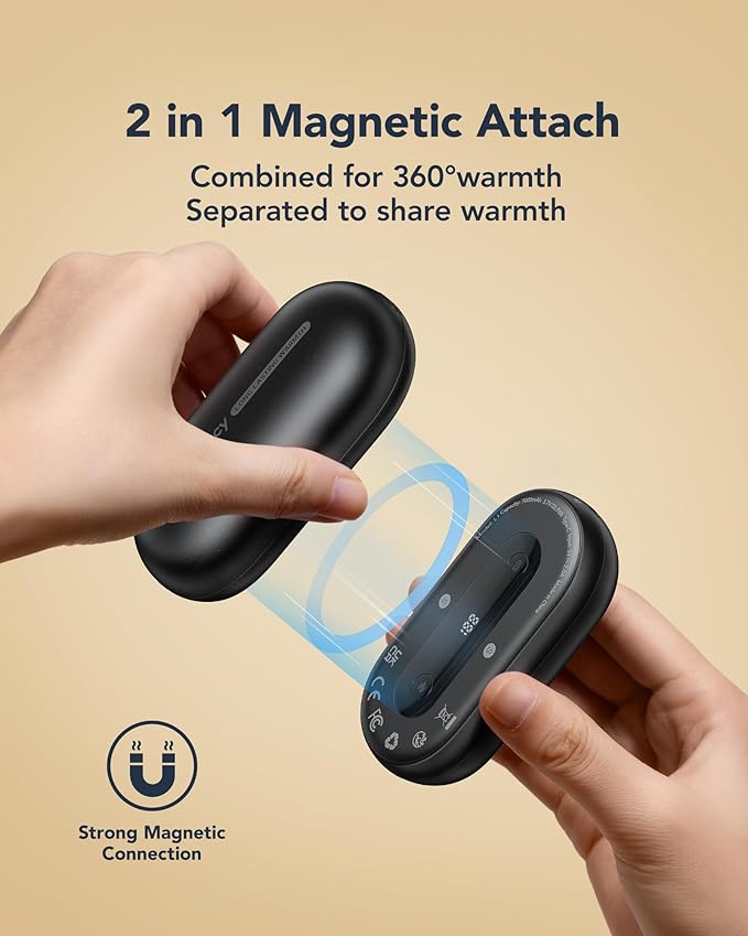 Hand Warmers Rechargeable 2 Pack, Magnetic Alloy Handwarmer 7000 mAh Reusable, Instant Heating UP to 131°F, 15 Hours Long Lasting Palm Pocket Heater, Gifts Packing for Skiing,Hunting,Camping,Golf