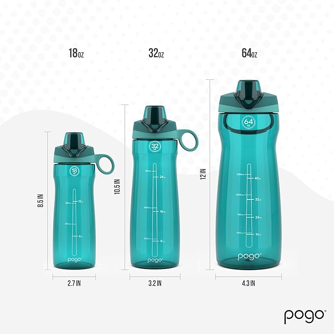 Pogo 64oz Plastic Water Bottle with Leak-Proof Chug Lid and Carry Handle, Reusable, BPA Free, Capacity Markings, Dishwasher Safe, Perfect for Travel, School, Outdoors, and Gym, Teal