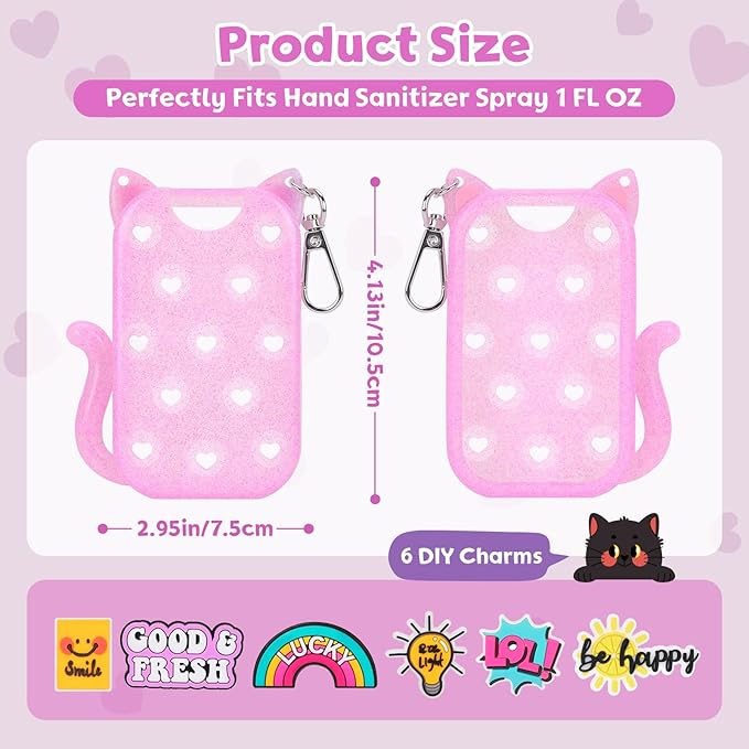 FunisFun Glitter Silicone Holder Case Compatible with Hand Sanitizer Spray 1 Fl. OZ., Cat-shaped Case Keychain with 6 Charms