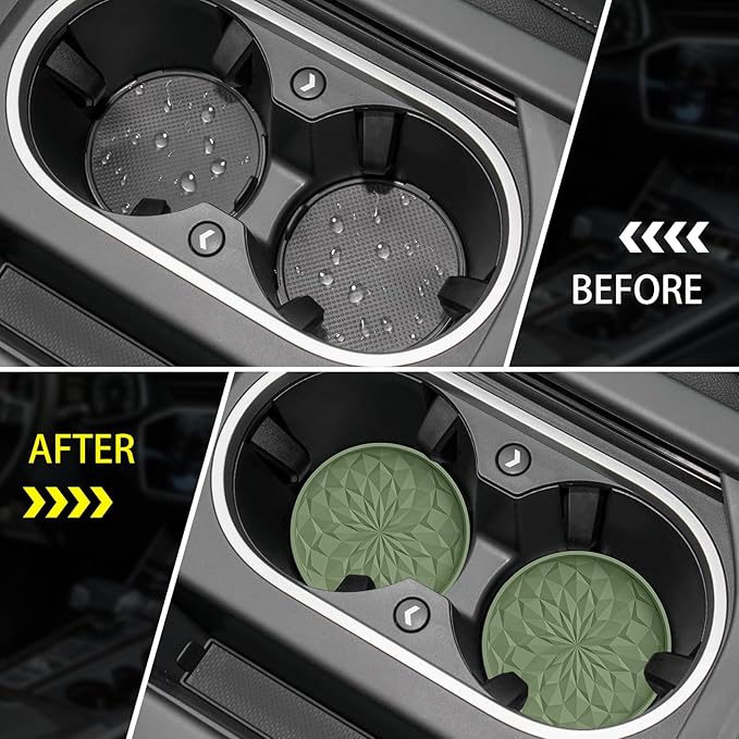 ME.FAN Car Coasters for Cup Holders [4 Pack] - 2.75In Silicone Auto Mug Mats - Universal Non-Slip Recessed Car Interior Accessories Olive Green