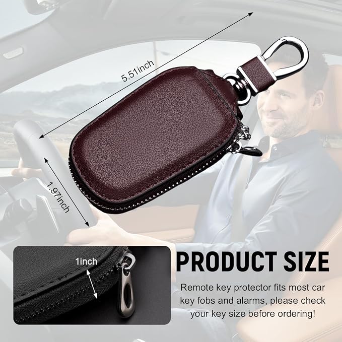Yourkar 2 PCS Car Key Case, Genuine Leather Auto Key Fob Storage Bag, Key Chain Holder Key Ring Zipper Bag, Car Accessories (Coffee)