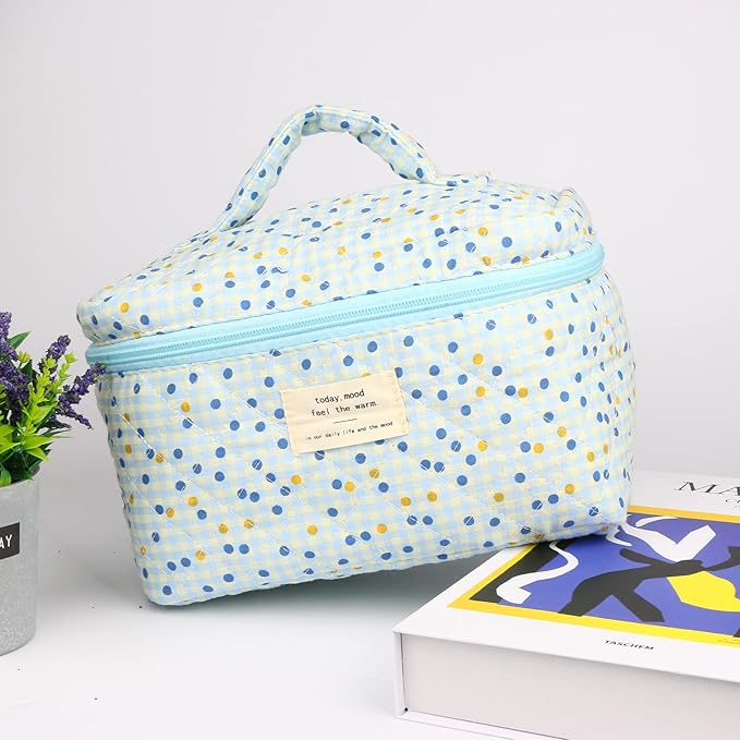 VIWIME Makeup Cosmetic Bag, Large Cotton Quilted Travel Coquette Aesthetic Cute Floral Make up Bag for Women Toiletry Bag Organizer (105- Blue Point / 2Pcs)