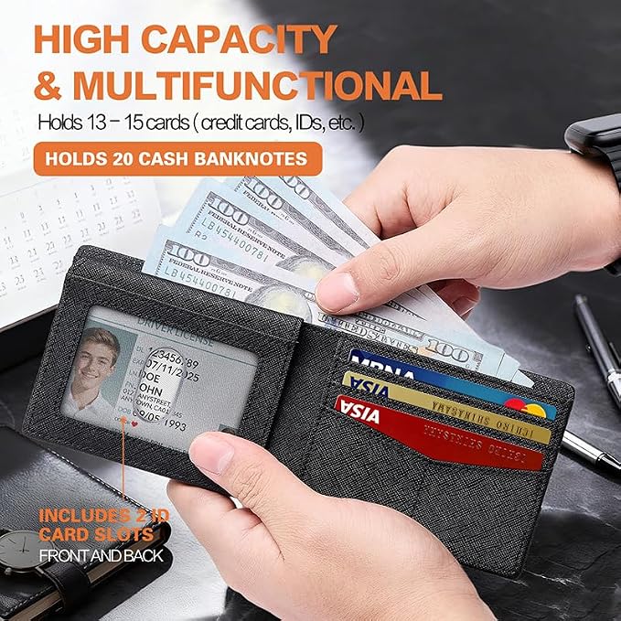 Wallet for Men Slim RFID Blocking Bifold Carbon Fiber,Minimalist Small Compact Front Pocket Credit Card Holder,Thin Mens Leather Wallets Smart Security With 2 ID windows 1 Cash (Cross Black)