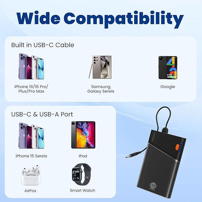 Aaoyun Mini Portable Power Bank, Smallest 5000mAh Portable Charger with Built-in USB C in&Out Fast Charging Cable, Compact Super Slim Mini Battery Pack for iPhone 17/16/15/14 Samsung S24 Android