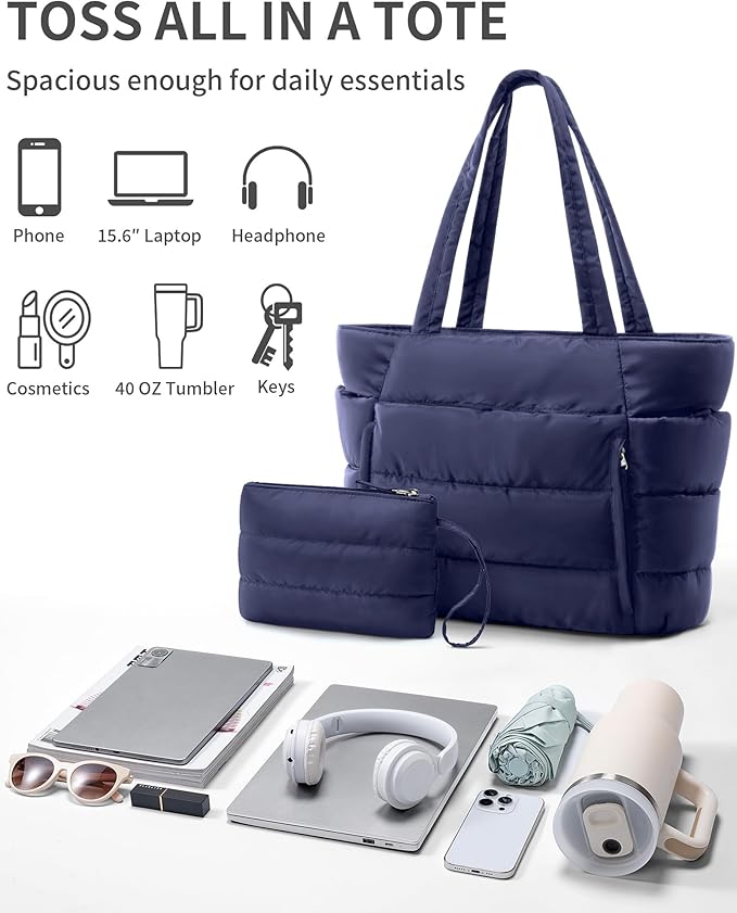 Bagstellar Puffer Tote Bag for Women, Lightweight Puffy Work Handbag Teacher Nurse Quilted Shoulder Bag for School Travel Gym | Cloud Bag w/ Zipper