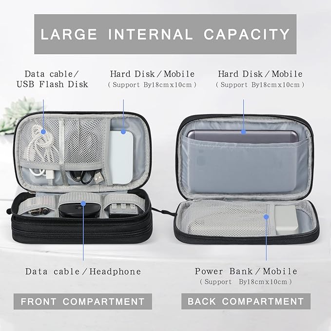 Skycase Electronic Organizer Travel Case - Waterproof Travel Cord Pouches for Organization, Cable Organizer, All-in-One Double Layers Storage Bag for Accessories, Charger, Cable, Black - Large