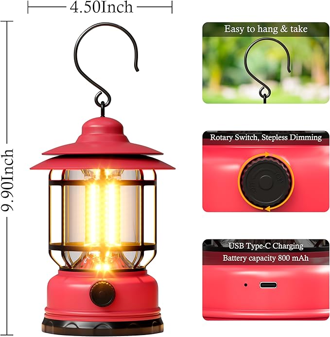 Retor Camping Lanterns LED Step-Less Dimming Retro-Style Battery Powered USB Rechargeable Flashlights Survival Kits Portable Ambient Lighting Emergency Outages Hiking Light(Pink 1 Pack)