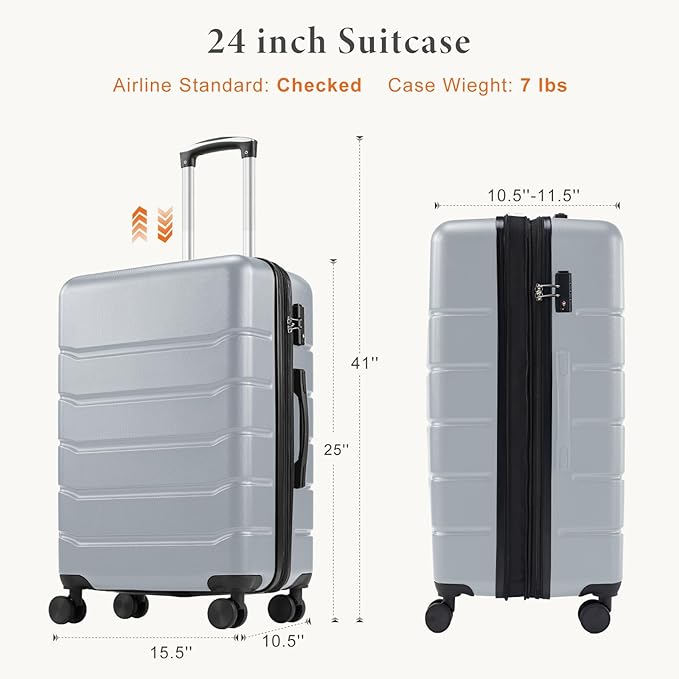 Sweetcrispy Carry on Luggage, Hard Shell ABS Suitcase with Double Spinner Wheels, Lightweight Expandable Rolling Suit Case with TSA Lock, 24 Inch Light Grey