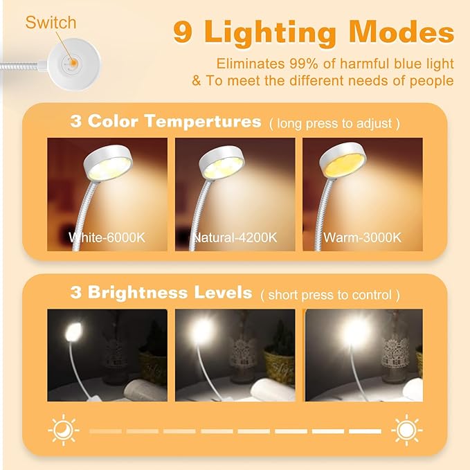 KTEBO Rechargeable Clip-On Book Light, 10-LED Bed Reading Lamp with 3 Color & 3 Brightness, USB-C, Up to 30-Hour Runtime, 360 Degree Gooseneck, Ultralight 1.4oz, Great Stocking Stuffers, Black & White