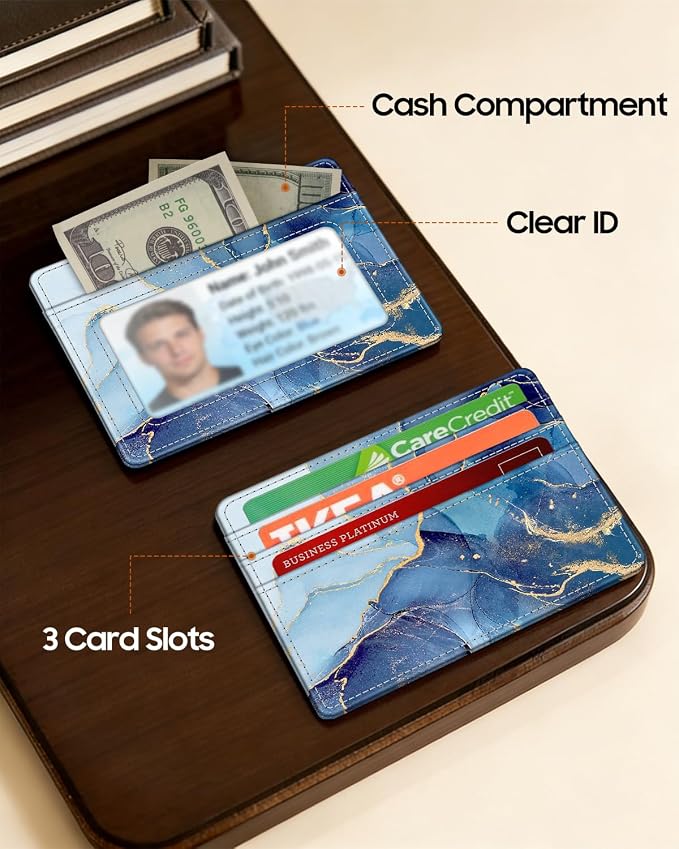 FINTIE Slim Minimalist Front Pocket Wallet, RFID Blocking Credit Card Holder Card Cases with ID Window for Men Women, ocean marble