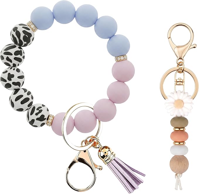 2PCS Bracelet Key Ring Set, Cute Car Key chain Wristlet, Silicone Beaded Bangle keyChains for Women Girls