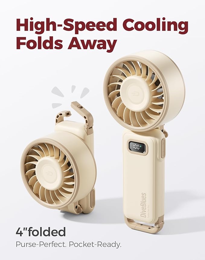Diveblues Portable Handheld Fan, 7.4m/s High Speed Turbo Fan, 180° Foldable 4-in-1 Personal Neck Fan Carabiner Clip, 100 Speed Stepless Control, USB-C Rechargeable for Travel, Makeup Hot Flashes,D6036