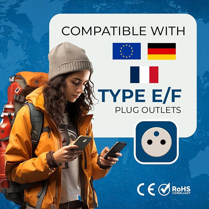 OREI European Power Adapter Plug, Perfect for Travel To Europe, Germany, France, Spain, Norway, Korea - Universal Socket - Type E/F Outlet - 2 Inputs - Safe Grounded Connection