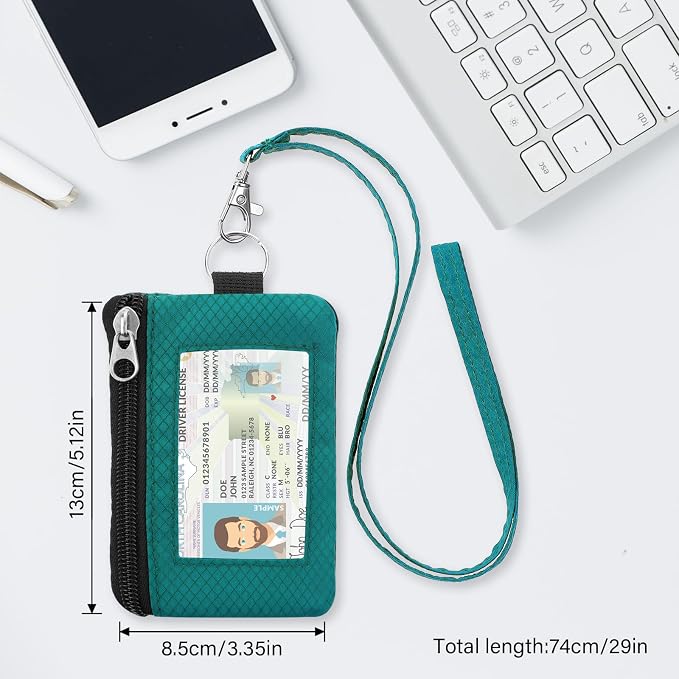 Minimalist Small Wallet for Men Women with 2 Zip Pockets, Multi Functional ID Case with Keychain and Card Holder, Coin Purse Badge Lanyard Pouch for Boys Girls Travel - Peacock Blue