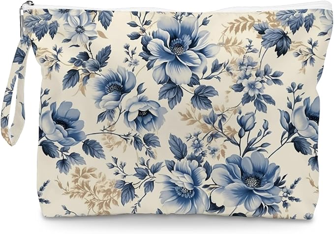 Fokongna Floral Print Wet Bag, Small Portable Waterproof Multi-Functional Organizer for Women, Ideal for Daily, Beach & Travel, Vintage Denim Blue Floral