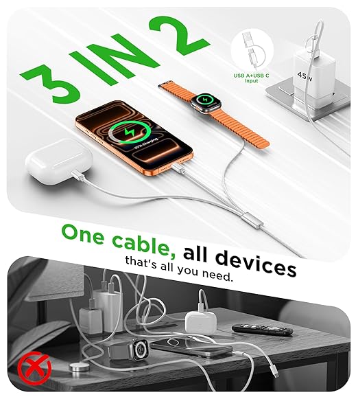 Travel Essentials for Apple Watch Charger,iPhone Charger,3 in 2 Type C/Lightning/Magnetic Travel Charging Cable,Portable Multi Charging Cable for Apple Watch, iPhone 17‑11,Samsung S26,Car,Camera–4ft