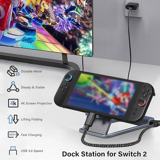 Switch 2 Dock Station, 4K HD Switch 2 TV Dock, Travel Portable Holder with SW2/SW/Tablet/Phone 60W PD, Charging Stand with HDMI/Type-c/USB 3.0(NS2'S 21 Version Requires Update)