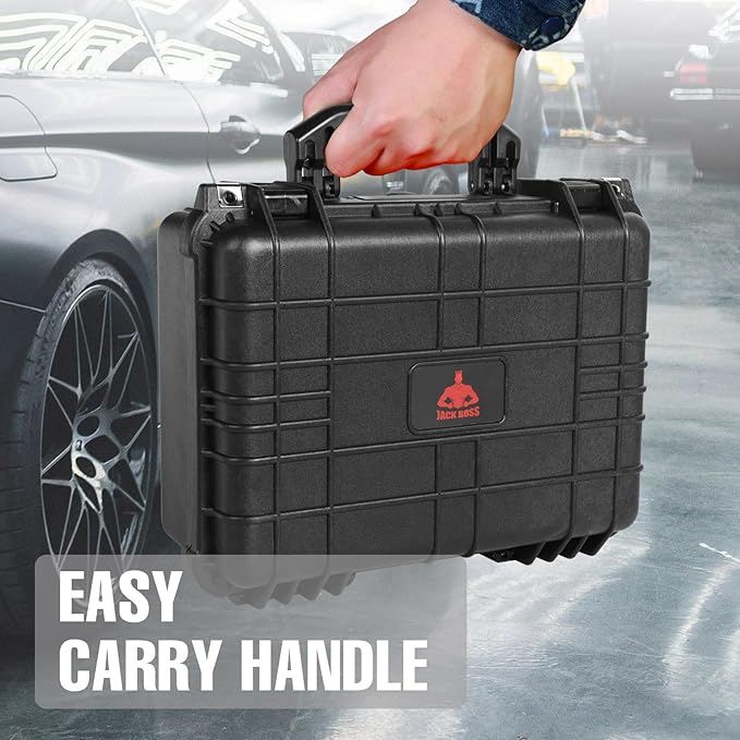 Jack Boss 16x 12.8x 6.8 Inch Hard Case, Portable Weather Waterproof Protective Camera Case with Customizable Foam, Fit Use of Drones, Camera, Equipments, Black
