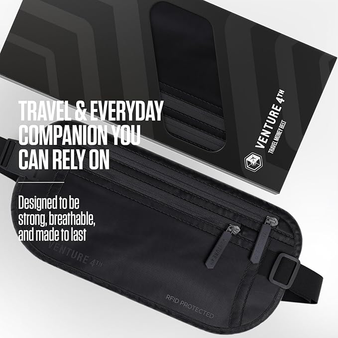 VENTURE 4TH Money Belt for Travel – Slim Hidden Under-Clothes RFID Blocking Anti-Theft Passport Holder & Travel Wallet Pouch for Men & Women to Protect Cash, Cards & Documents (Sleek Black)