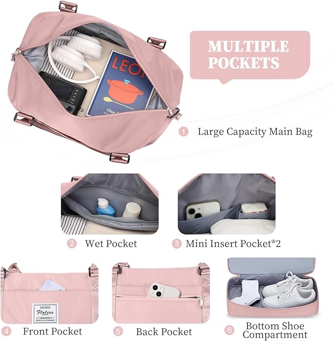 Weekender Bags for Women,Overnight Travel Duffel Bag with Shoes Compartment& Toiletry Bag,Extra Large(Pink)
