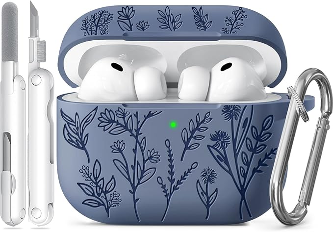 Ekoonpft for Airpods Pro 3 Case, Flower Engraved Cases for Apple AirPods Pro 3rd Generation 2025, Soft Silicone Cover for Men Women Girly with Cleaning Kit & Keychain, Anti-Scratch, Shockproof