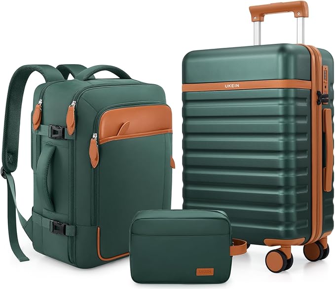 UKEIN Luggage Sets 3 Piece, PC Hardside Large Luggage 24 Inch With Spinner Wheels with TSA Lock, Carry On Suitcase Set With Travel Backpack for Men (Green, 3 piece set (24inch))