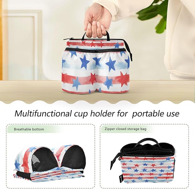 Luggage Cup Holder for Suitcases Free Hands Suitcase Cup Holder Travel Luggage Drink Holder Portable Luggage Cup Caddy Bag Carrier with Handle July 4th Stripes Stars White