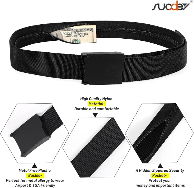 SUOSDEY Travel Money Belt, Nylon Hidden Money Pocket Belt with Plastic Buckle