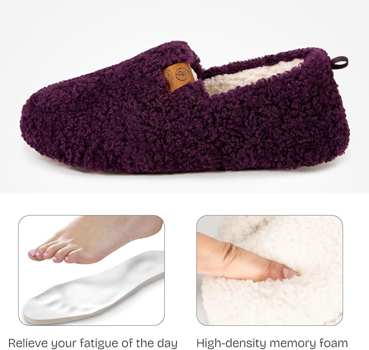 EverFoams Women’s Soft Curly Full Slippers Memory Foam Lightweight House Shoes Cozy Loafer with Polar Fleece Lining