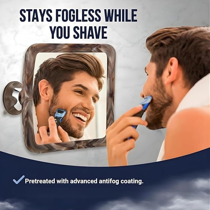 MIRRORVANA Fogless Shower Mirror for Shaving - Shatterproof Surface, Upgraded Suction Cup, and 360° Swivel Design - 6.3" x 6.3" (Cocoa Marble Print)