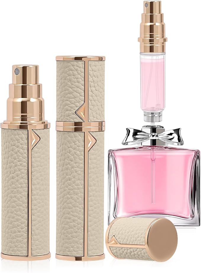 Refillable Travel Perfume Bottle – Fine Mist Atomizer, Bottom Fill, Genuine Leather Shell, TSA Approved, For Daily Refresh & Travel (White, 5ml)