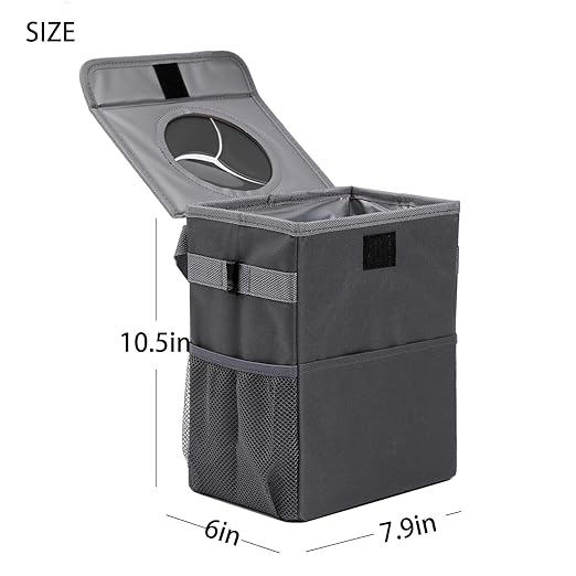 AOKJOY Car Garbage can with lid Leak Proof Vehicle Trash Can 3 Storage Pockets Hanging Waterproof car Trash Bag for SUV Grey