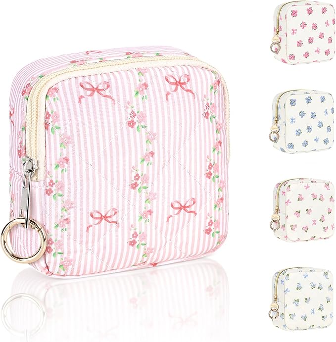 Floral Period Bag, Bow Small Period Pouches for Teen Girls, Quilted Sanitary Napkin Storage Bag, Compact Discreet Pad and Tampon Holder for Purse (Floral+Bow)