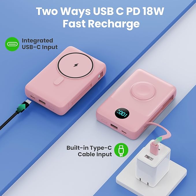 Ekrist Magnetic Portable Charger for MagSafe with Built-in Cable,iWatch Charger,Wireless Power Bank Travel Essentials,25W Fast Charging Battery Pack for iPhone 17/16/15,Apple Watch(Pink,10800mAh)