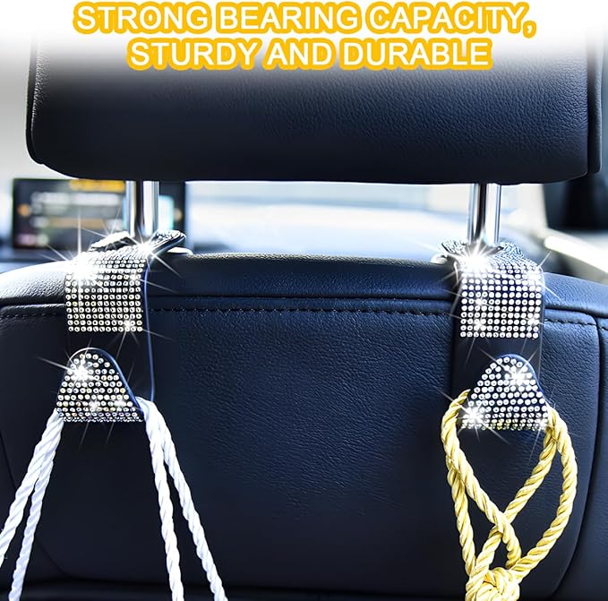 Mandark 4PCS Bling Car Seat Headrest Hooks, Crystal Rhinestone Vehicle Seat Back Hanger for Grocery Purses Handbags, Diamond Auto Seatback Storage Organizer Hanger, Universal for Most Cars (Purple)