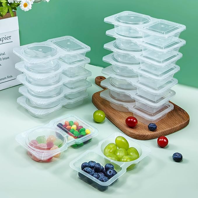 20 Pcs Reusable Snack Containers with Lids, Double Compartment for Sauces, Small Snacks & Tiny Parts, Portable for On-the-Go Meals, School and Office