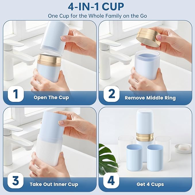 Quatish 4-in-1 Toothbrush Travel Case, Portable Toothbrush Holder with 4 Rinse Cups, Large-Capacity Storage for Toothbrush & Toothpaste, Ideal for Travel, Home, Camping, Gym, Business Trip (Blue)
