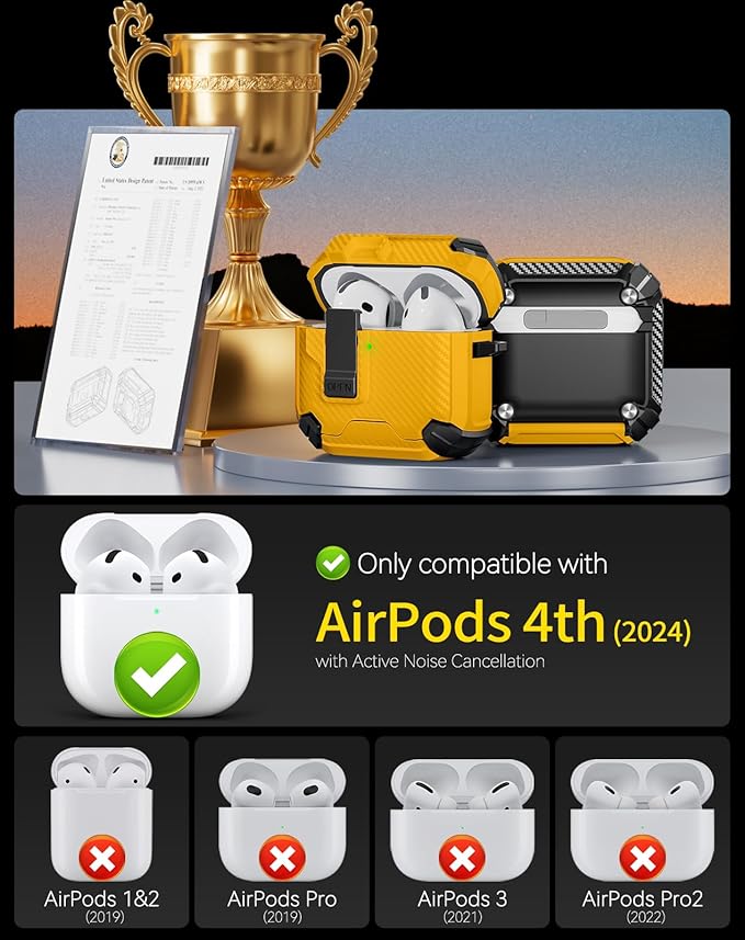 Pohgelan Compatible with AirPods 4 Case,Magnetic Automatic Lock with Phone Stand & Cleaning Kit,Compatible with Magsafe,Carbon Fiber Texture Cover -Yellow