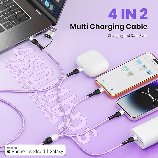 Dual Type-C 4-in2 Multi Charging Cable 5FT, Travel Essential for Airplane & Cruise Trips, USB A/C to Dual USB C/IP/Micro USB, Compatible for iPhone 17-8, Android, iPad, Galaxy, Tablet