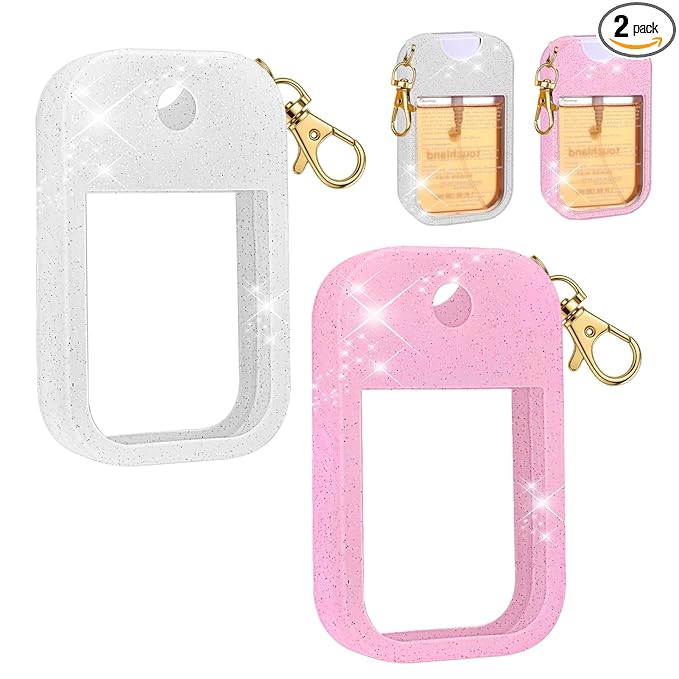 AIERSA 2Pcs Hand Sanitizer Spray Case Compatible with Touchland,Rabbit Ears Design Silicone Hand Sanitizer Case Holder with Keychain for Touch Land Mist Case 1FL. OZ (White+Pink)