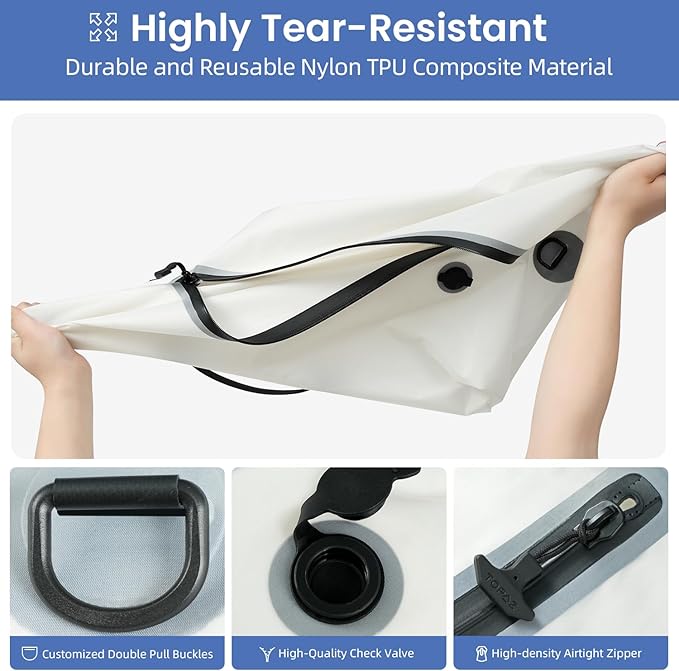 BAGAIL TPU Vacuum Bag for Travel, Reusable Compression Bag with IPX8 Waterproof Zipper, Save Space for Suitcase, Backpack and Carry on (White, Large, No Pump)