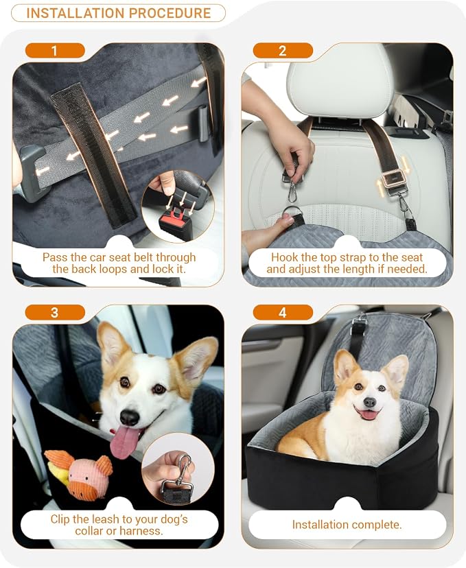 NUPIDA Dog Booster Car Seat with Extend Backrest for Small Medium Pet, Grey | Easy Install, Up to 30 lbs, Washable Removable Cover with zippper, Non-Slip Bottom, Large Storage Pockets, 2 Safety Leashes