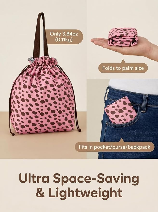 Reusable Small Lunch Bag,Drawstring Lunch Bag,Insulated Handbag Tote bag with Handle (Pink Leopard Print)