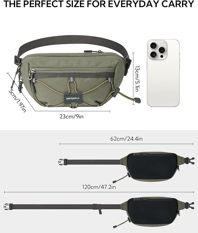 WATERFLY Lightweight Small Fanny Pack: 1.5L Mini Slim Crossbody Waist Belt Hip Bag with RFID Blocking, Anti-Theft & Water Resistant Pouch for Women Men Travel Hiking Running Walking EDC