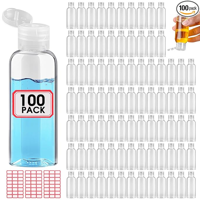 100pcs Empty 3.4 oz Travel Bottles with Flip Cap Tsa Approved Leakproof Plastic Squeeze Small Shampoo Bottles for Toiletries Liquids Travel Essentials Containers for Lotion, Party favors, Bulk Gifting