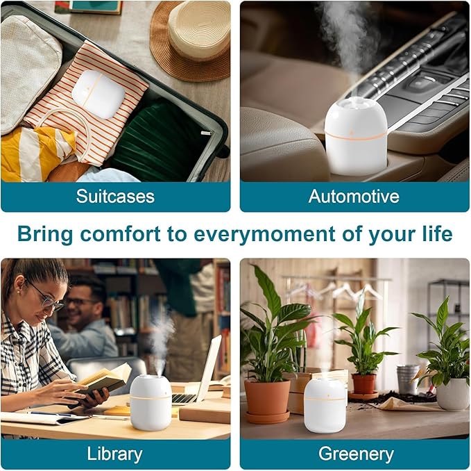 Portable Mini Humidifier Small Cool Mist Humidifier Personal Desktop USB Powered Super Quiet for Travel Car,Office,Baby Bedroom, Night Light, 2 Mist Modes, Auto Shut-off