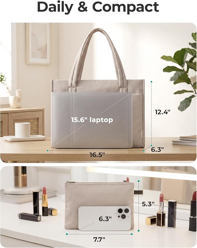 BAGSMART Tote Bag for Women, 2Pc Puffer Tote Bag with Zipper, Quilted Work Tote Teacher Bag Shoulder Handbag | Beach Tote